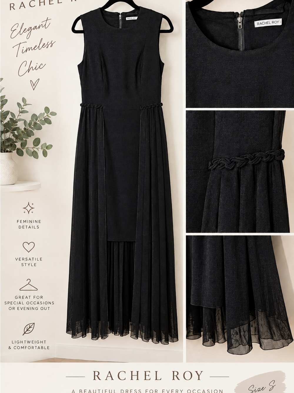 RACHEL Rachel Roy Black Sleeveless Pleated Midi Dress with Braided Waist